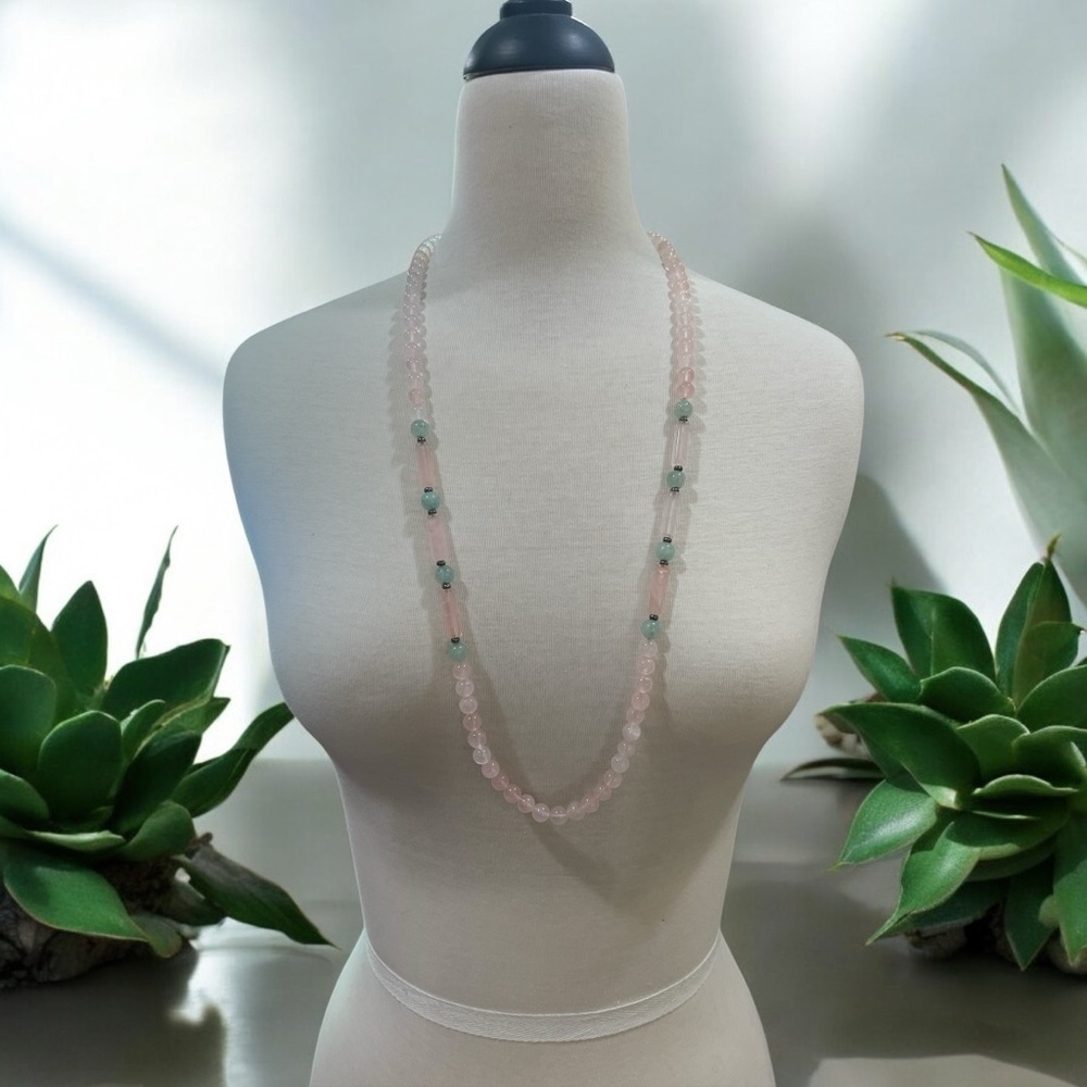 30in Vintage Style Rose Quartz Green Jade Beaded Romantic Layering Necklace